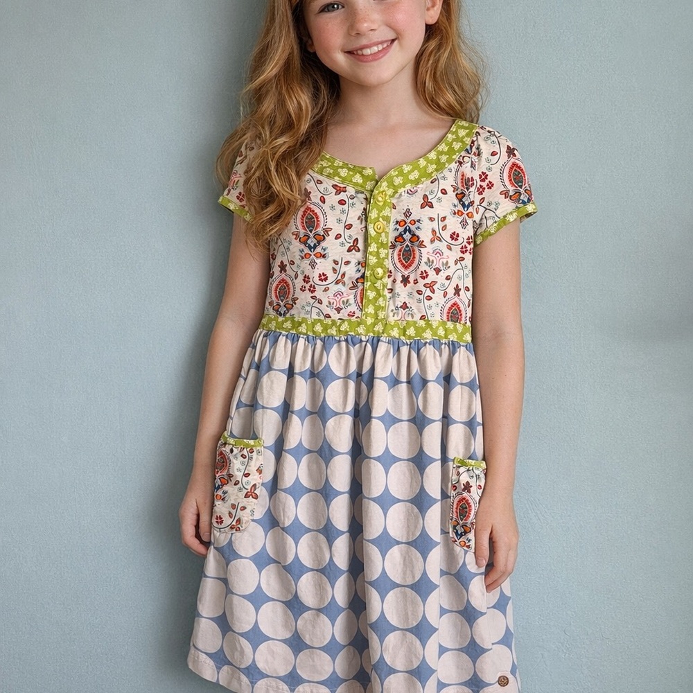 Matilda Jane 435  Cream Dress with Blue Dot Skirt and Green Trim